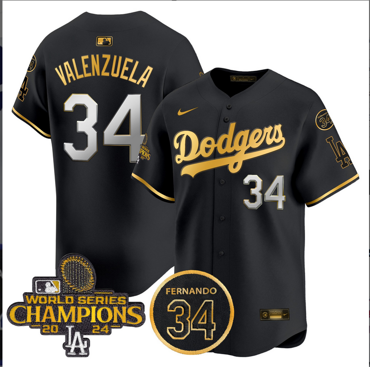 Men MLB Los Angeles Dodgers #34 Valenzuela black 2024 World Series Champions Patch Limited Jersey